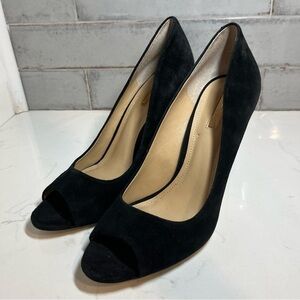 BCBG Black Suede Open Toe Heels 10